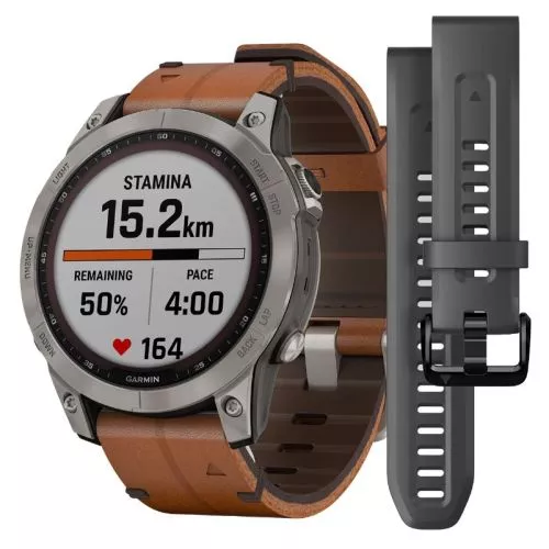 Garmin Fenix 7 Sapphire Solar, Titaani ja ruskea nahkahihna 010-02540-31-0