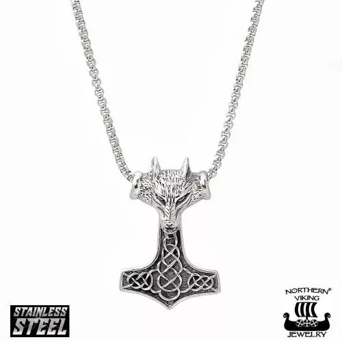 Northern Viking Jewelry Fenrir Wolfhead Thor´s Hammer -kaulakoru NVJRS052-1