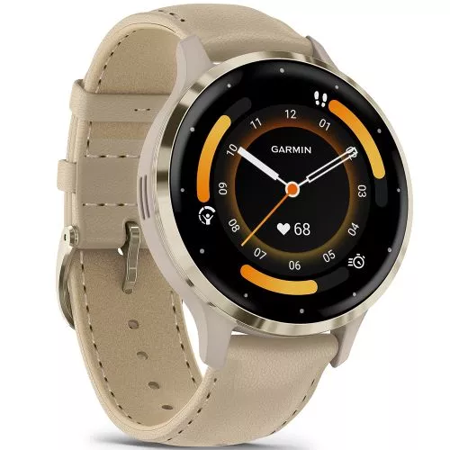 Garmin Venu 3S pehmeän kullanvärinen bezel, viileänharmaa runko ja nahkaranneke 010-02785-55-1
